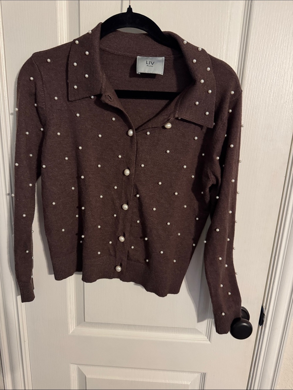 LIV Pearl-Embellished Brown Cardigan